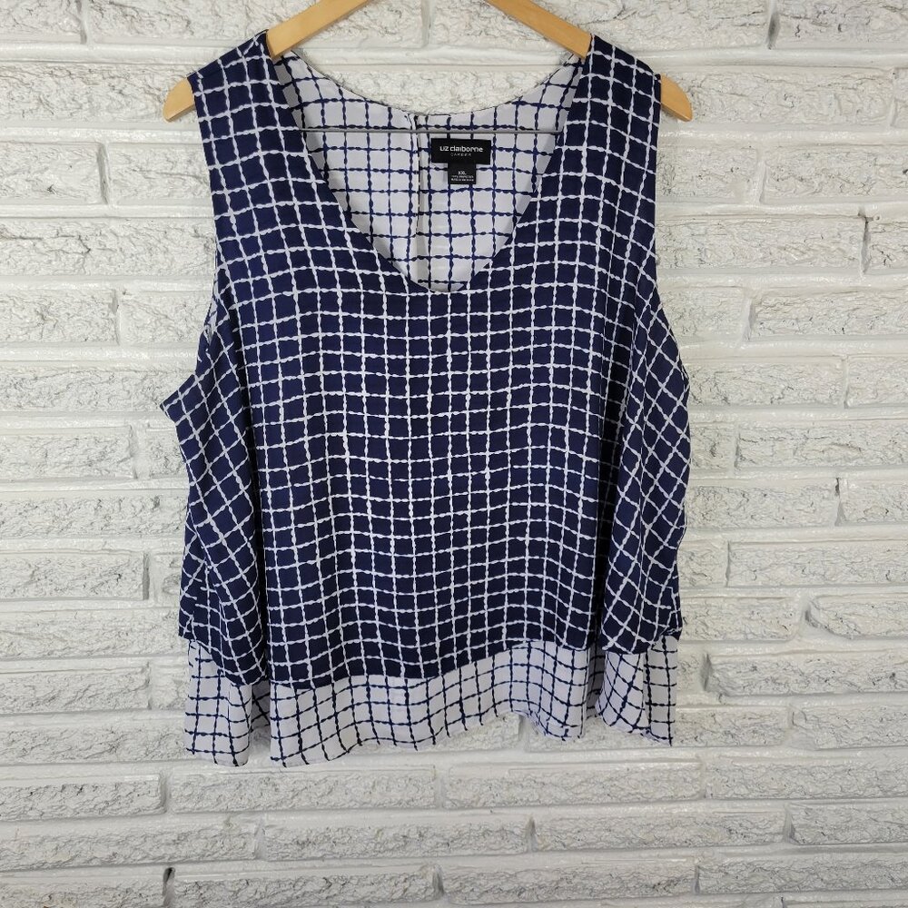 Liz Claiborne XXL Blue Geometric‎ Top Women's Sleeveless V-Neck Keyhole GEO191E